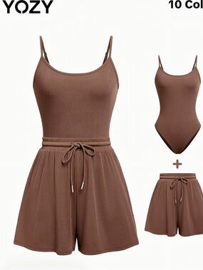 YOZY Women's Brown Ribbed Shorts Set